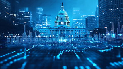 US Capitol Building at Night with Digital Overlay Symbol of American Governance in the Digital Age