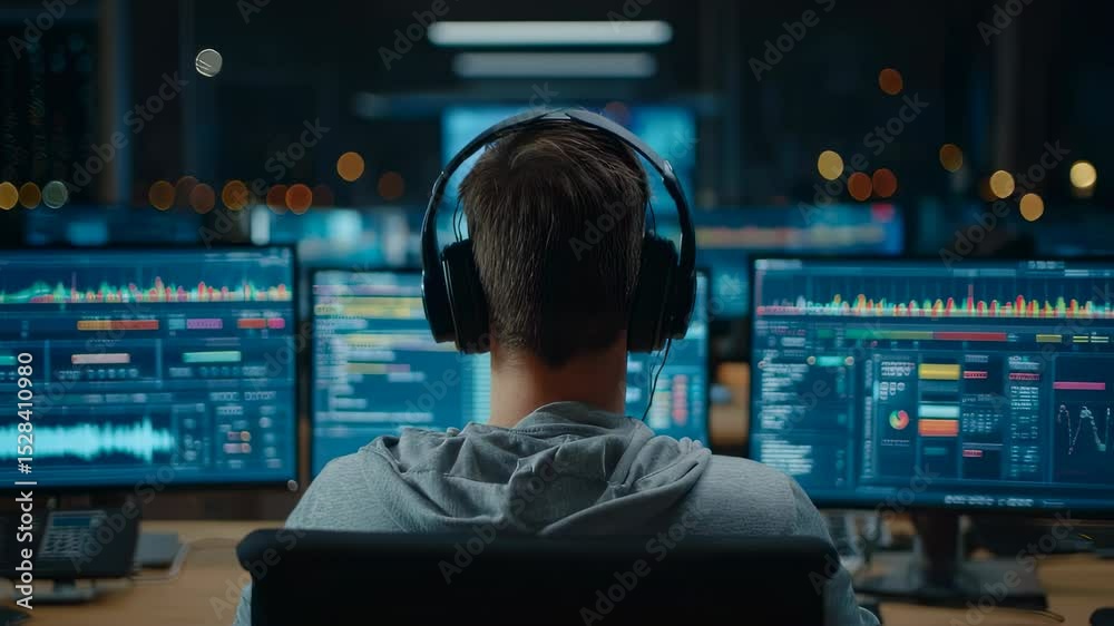 Poster talented programmer working on innovative software development project using headphones and multiple