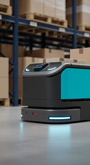 Automated guided vehicle in warehouse setting, carrying boxes.  Shows modern logistics and technology, representing efficiency and automation in industry