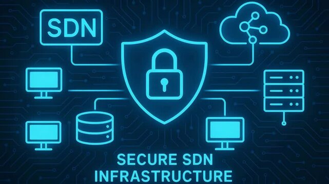 A visual representation of secure SDN infrastructure, showcasing interconnected devices with a focus on cybersecurity. Ideal for business presentations or tech-related content.