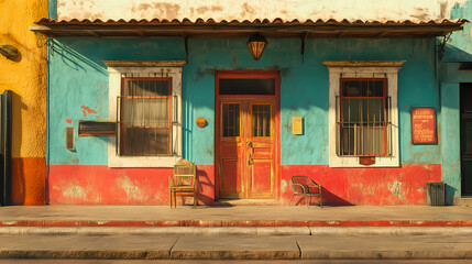 Fototapeta premium Realistic photograph of colorful facade of traditional Mexican posada at sunset.
