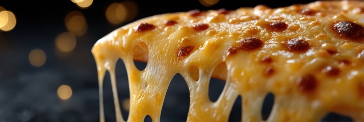 food website banner, modern food website header design with dramatic lighting, close-up melted cheese stretch from pizza slice, seamless navigation elements, and commercial web design quality