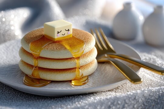 whimsical pancake towerroute, illustration of whimsical breakfast fluffy pancakes with cartoon faces, melting butter, syrup tears, and cozy morning light