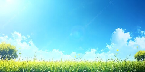 Obraz premium A bright fresh sunny spring, summer blue sky background with a lush green grass in the foreground.