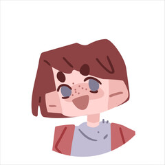 Cute Freckled Kid Portrait Illustration. Cartoon portrait of a smiling freckled child with short brown hair and pastel clothes, flat hand-drawn style, isolated on white background.