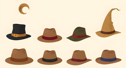 Hat vector set, Collection of hats, Fashion hats vector, Hat clipart, Headwear vector illustration, Different types of hats, Hat icons set, Hat silhouette vector, Assorted hats vector, Casual hat vect