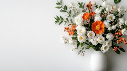 A stunning display of white and orange flowers in a minimalist vase, highlighting the elegance and beauty of nature while maintaining a clean and modern aesthetic.