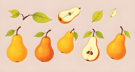 Pear vector, Set of pears, Pear illustration, Green pear vector, Yellow pear icon, Pear fruit vector, Pear clipart, Hand-drawn pear, Whole and sliced pears, Pear collection vector, Juicy pear vector, 