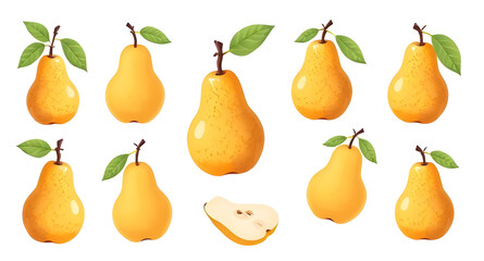 Pear vector, Set of pears, Pear illustration, Green pear vector, Yellow pear icon, Pear fruit vector, Pear clipart, Hand-drawn pear, Whole and sliced pears, Pear collection vector, Juicy pear vector, 