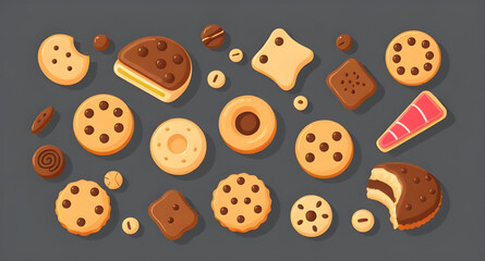 Cookies vector, Set of cookies, Cookie illustration, Cookie clipart, Chocolate chip cookie vector, Assorted cookies vector, Biscuit vector, Cookie collection, Homemade cookies vector, Sweet snack vect