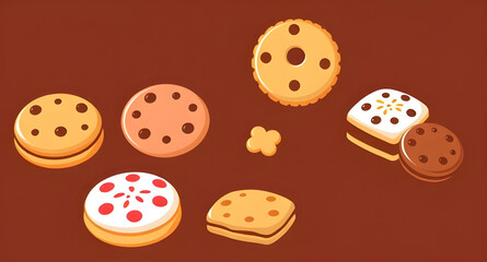 Cookies vector, Set of cookies, Cookie illustration, Cookie clipart, Chocolate chip cookie vector, Assorted cookies vector, Biscuit vector, Cookie collection, Homemade cookies vector, Sweet snack vect