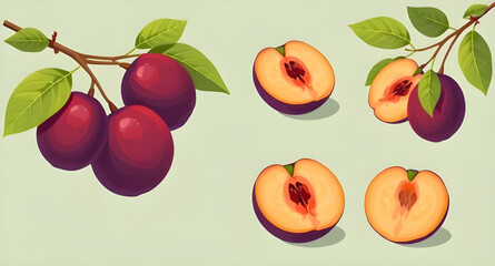 Plum vector, Plum illustration, Fresh plums vector, Whole plum vector, Sliced plum illustration, Plum fruit clipart, Juicy plum vector, Purple plum vector, Ripe plums, Plum set vector, Hand-drawn plum