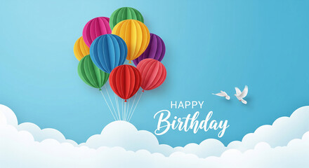 Obraz premium Colorful paper balloons float above clouds, doves fly nearby 