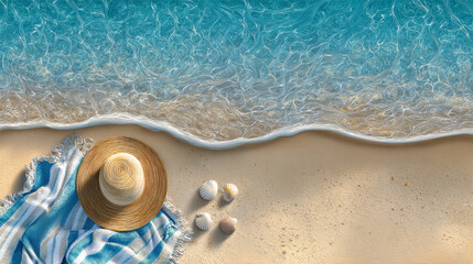 Obraz premium A serene beach scene unfolds from an overhead perspective, capturing the essence of a tranquil summer day