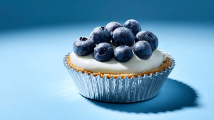 A single blueberry tart sits centered on a light blue surface, set against a gradient light blue background