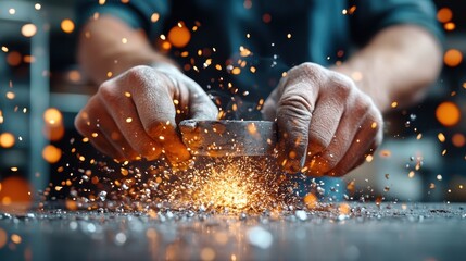 A skilled craftsman uses tools to cut metal, sending sparks flying, symbolizing hard work and artistry in metalwork amidst a backdrop of creativity and craftsmanship.