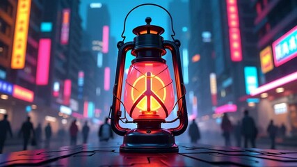 Illuminated peace lantern glowing brightly in futuristic city street at night.  Peace symbol inside glass of antique kerosene lamp shines against neon signs. - Powered by Adobe