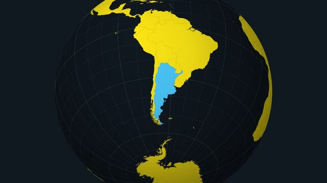 Argentina on Globe. Animated zoom into the country view on the world map in Charcoal Bright Yellow color palette. Globe with meridians, parallels. Modern video.