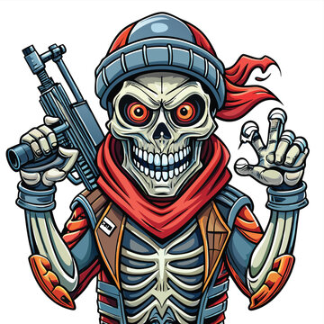 Skull warrior with a gun, wearing a bandana-like scarf, and mechanical armor