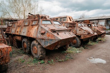 Fototapeta premium A group of old military vehicles sit abandoned in a desolate yard, showcasing corrosion and wear. The cloudy sky adds to the gloomy atmosphere of the location