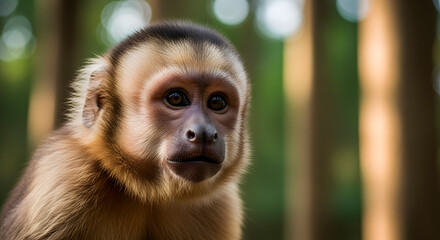 Naklejka premium Capuchin Monkey Looking Alert in Sunlit Forest 