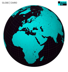 Vector Globe centered to Cairo. Rich Black Aqua palette. World map with meridians, parallels, countries, rivers and lakes. Beautiful vector illustration.