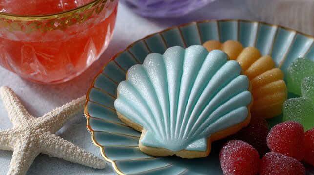 beach picnic setup, picnic set up for mermaid parade with cookies, sea creature gummies, fruity drinks in seashell cups, and beach-themed decor