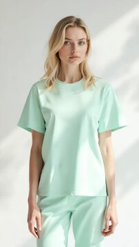 Mint green t-shirt and shorts set. Comfortable clothing for women, perfect for summer. Stylish outfit for everyday wear, casual summer look. This mint green outfit is ideal for a relaxed weekend.
