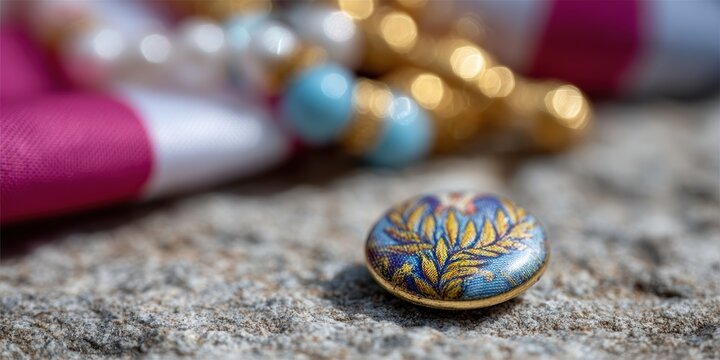 vintage parade buttons, sharp focus on commemorative mermaid parade pin, with detailed artwork and clearly visible year, against a blurred background of vintage parade memorabilia