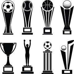 Sports Trophy Silhouette Set: Soccer, Baseball, Basketball, Golf, and Champion Icons for Design