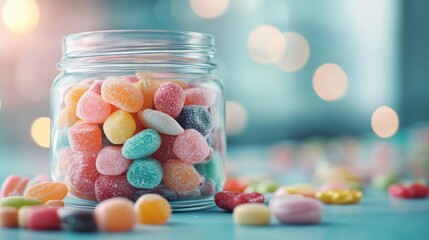 A charming glass jar filled with an assortment of colorful candies, showcasing an appealing collection of sweet treats that invite nostalgia and delight for candy lovers of all ages.