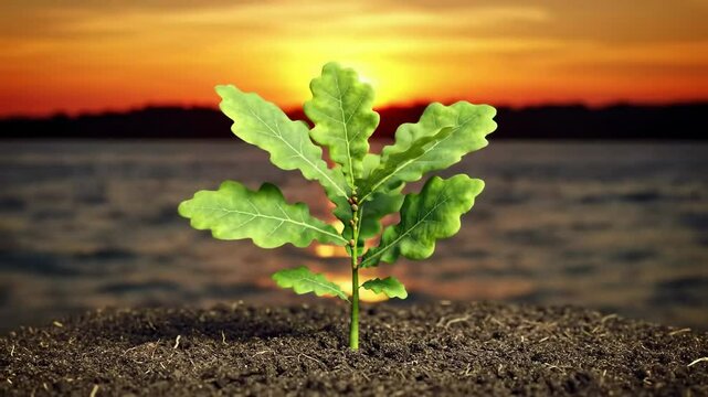 Young oak sprout at sunset