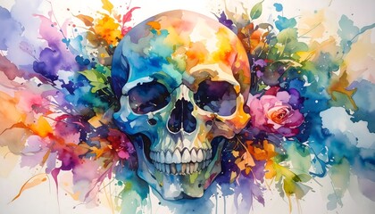 Colorful skull surrounded by blooming flowers high resolution photo