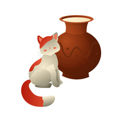White cat with red spots and clay jug with milk. Vector illustration isolated on white background.