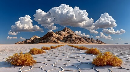 Cracked salt flat under cloudy sky high resolution photo