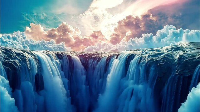 Powerful waterfall cascading from sky-high clouds into mist merging natural force with dreamlike beauty. 