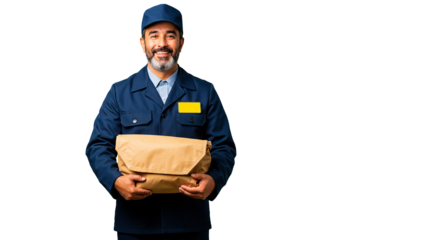 A friendly mailman in uniform smiles while holding a delivery package.
