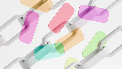 Abstract overlapping color glass filters on chain shape objects, 3d render