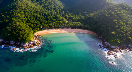 Obraz premium Tropical Beach with Lush Green Forest and Turquoise Water 
