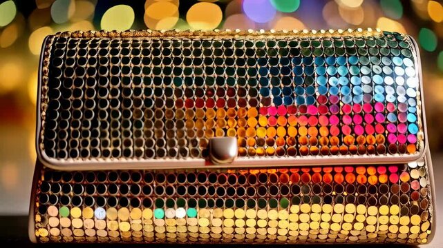 Elegant handbag with metallic, iridescent, shimmering sequins, illuminated by festive bokeh lights, creating a luxurious and celebratory aesthetic, reflecting vibrant colors.