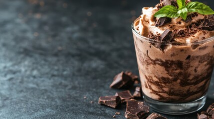 A luscious chocolate shake topped with whipped cream and shavings, presenting an indulgent dessert that combines flavor, creativity, and visual appeal for chocolate lovers.