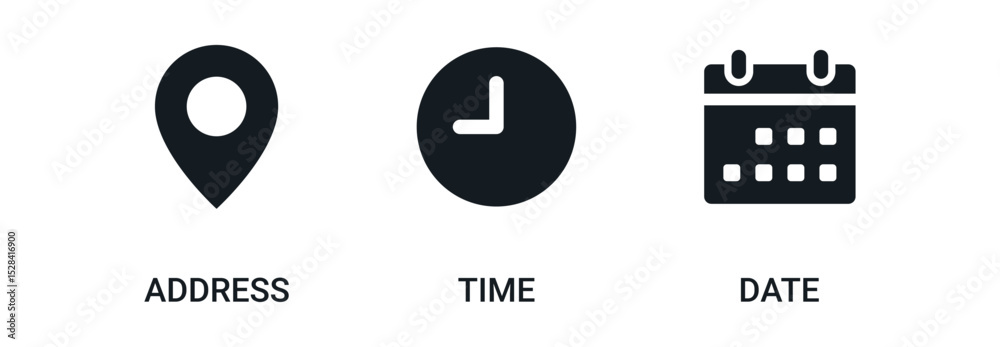 Poster location address icon. calendar date icon. stopwatch time icon - web icons set
