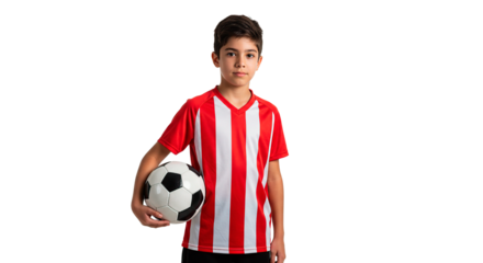A young boy in a soccer uniform holds a soccer ball