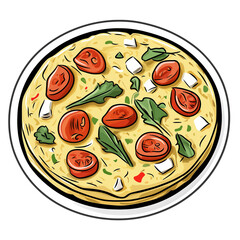 Sticker-style illustration of a fluffy frittata with vegetables, cheese, and eggs, featuring bold outlines, glossy highlights, and drop shadow, isolated on white background in a colorful vector design