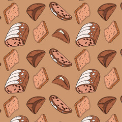 Sweet bakery seamless background pattern wallpaper with different types of baking products. Bakery shop and cafeteria restaurant decoration