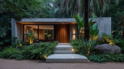 A minimalist concrete house in SÃ£o Paulo, Brazil, with brutalist influences and lush garden integration. Brazilian modernist architecture, SÃ£o Paulo concrete house, brutalist home