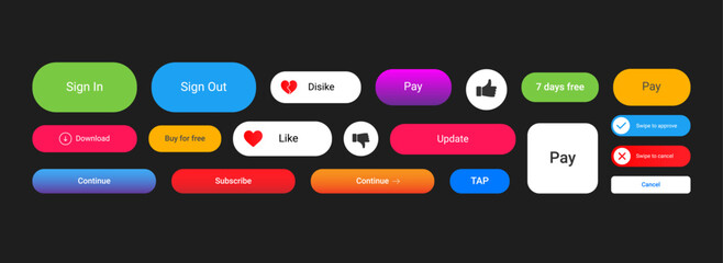 Colorful UI button set for social apps and web design. Includes actions like Sign In, Pay, Like, Subscribe, Continue, Download, Update, and Swipe. Ideal for UX/UI kits and app mockups.