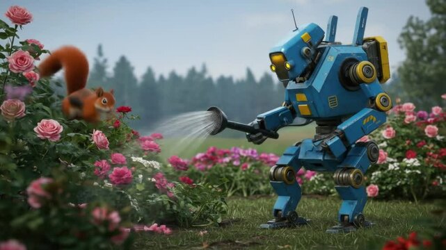 Robot watering flowers in garden with squirrel digital art landscape design and animation rendering art 3d
