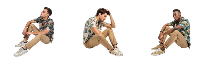 Casual portraits of young men in floral shirts fashion modern. Cut out png set