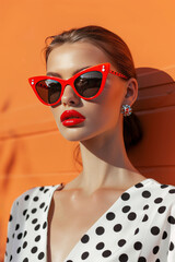 Elegant woman in red sunglasses with polka dot outfit in futuristic glamour